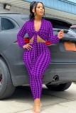 Print Purple knotted V-Neck Crop Top and Fitted Pants 2PCS Set