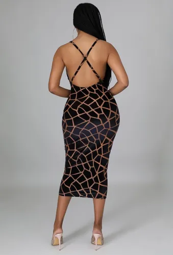 Black Leopard Print Cami Backless Midi Dress