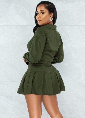 Green Knotted Blouse and Pleated Skirt 2PCS Set