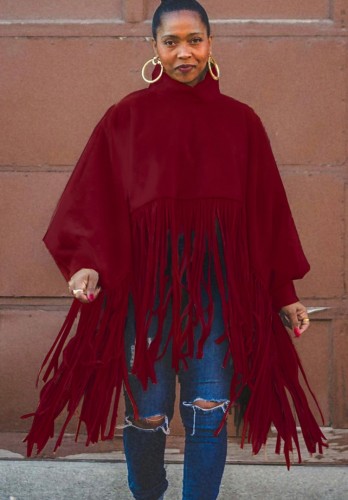 Plus Size Red Fringe High Neck Puff Sleeve Wide Shirt