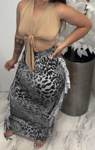 Leopard Print High Waist Ruffles Long Curvy Skirt