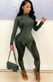Green Contrast Zipper Up Slinky Top and Pants Two Piece Set