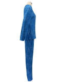 Blue O-Neck Loose Top and Tight Pants 2PCS Set