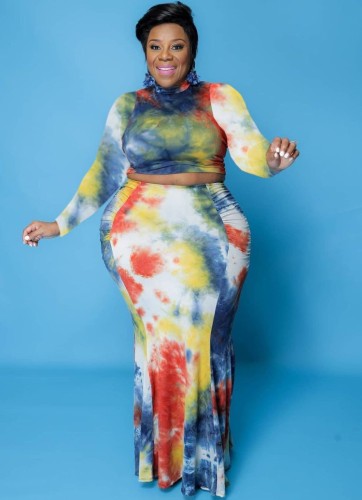 Plus Size Tie Dye Fitted Crop Top and Maxi Mermaid Skirt 2PCS Set
