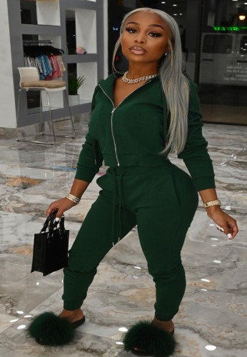 Plus Size Green Zipper Hoodies and Pants 2 Piece Tracksuit