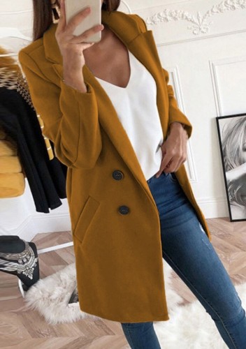 Tan Turndown Collar Double Breast Long Coat with Pocket