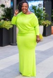 Plus Size Green Long Sleeve O-Neck Maxi Dress