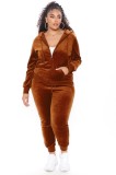 Plus Size Brwon Velvet Zip Up Hoody Top and Pant 2PCS Set