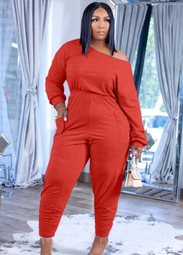 Red Long Sleeves Loose Jumpsuit with Pockets