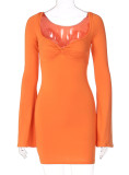 Orange Square Neck Flare Sleeve Mini Dress