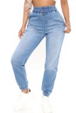 Blue High Waist Drawstrings Jeans with Pocket