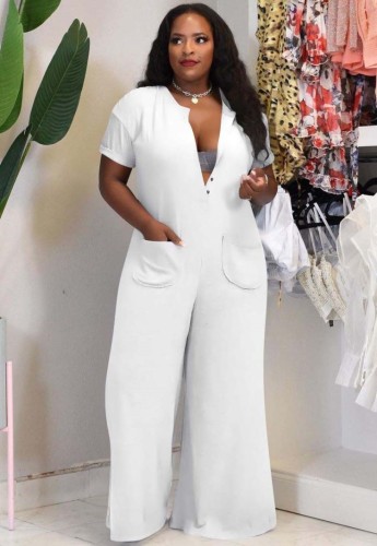 White Button Up Short Sleeves Loose Jumpsuit with Pockets