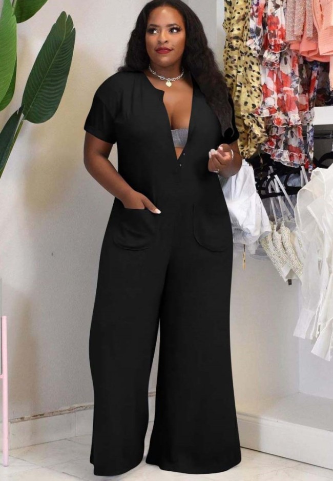 Black Button Up Short Sleeves Loose Jumpsuit with Pockets