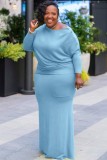 Plus Size Blue Long Sleeve O-Neck Maxi Dress