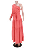 Pink Ruffle One Shoulder Single Sleeve Shirring Dress
