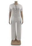 White Button Up Short Sleeves Loose Jumpsuit with Pockets