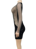 Sequins Patch V-Neck Long Sleeve Slim Fit Mini Cocktail Dress