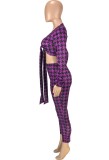 Print Purple knotted V-Neck Crop Top and Fitted Pants 2PCS Set