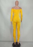 Yellow Velour Off Shoulder Bodycon Jumpsuit
