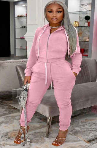 Plus Size Pink Zipper Hoodies and Pants 2 Piece Tracksuit