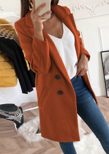 Caramel Turndown Collar Double Breast Long Coat with Pocket
