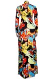 Colorful Floral Print Long Sleeve Turtleneck Maxi Dress
