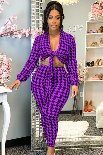 Print Purple knotted V-Neck Crop Top and Fitted Pants 2PCS Set