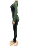 Green Contrast Zipper Up Slinky Top and Pants Two Piece Set