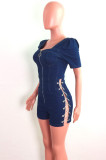 Blue Chains Lace Up Square Neck Short Sleeve Denim Rompers