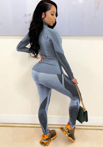 Grey Contrast Zipper Up Slinky Top and Pants Two Piece Set