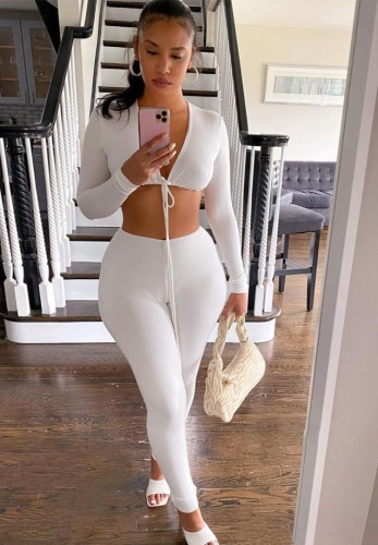 White Tied Long Sleeve Crop Top and Skinny Pants 2PCS Set