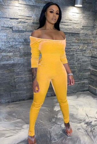 Yellow Velour Off Shoulder Bodycon Jumpsuit