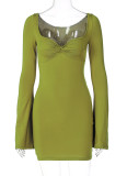 Green Square Neck Flare Sleeve Mini Dress