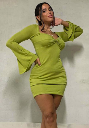 Green Square Neck Flare Sleeve Mini Dress