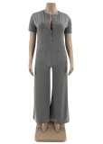 Grey Button Up Short Sleeves Loose Jumpsuit with Pockets