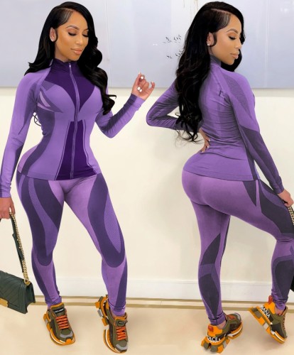 Purple Contrast Zipper Up Slinky Top and Pants Two Piece Set