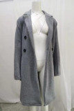 Grey Turndown Collar Double Breast Long Coat with Pocket