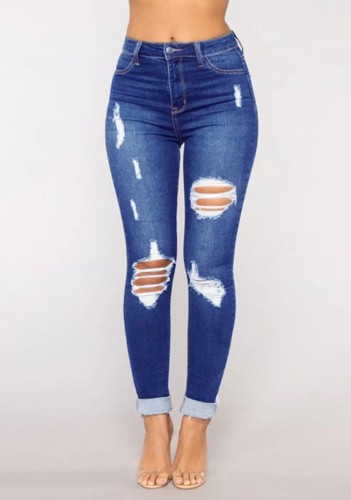 Blue Ripped Sheath Jeans with Pocket