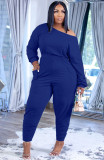 Blue Long Sleeves Loose Jumpsuit with Pockets