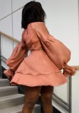 Pink Deep-V Flare Sleeve Layered Dress
