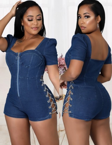 Blue Chains Lace Up Square Neck Short Sleeve Denim Rompers