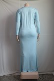 Plus Size Blue Long Sleeve O-Neck Maxi Dress