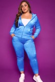 Plus Size Lt-Blue Velvet Zip Up Hoody Top and Pant 2PCS Set