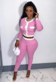 White Tape Pink Button Open Crop Top and Pant 2PCS Set