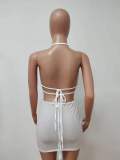 White Beaded Halter Backless Bra and Mini Skirt 2PCS Set
