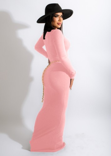 Deep-V Knit Pink Long Dress