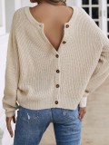 Khaki Button Open O-Neck Long Sleeves Sweater