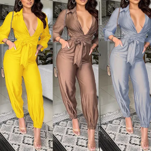 Solid Button Up Blouse Jumpsuit with Belt
