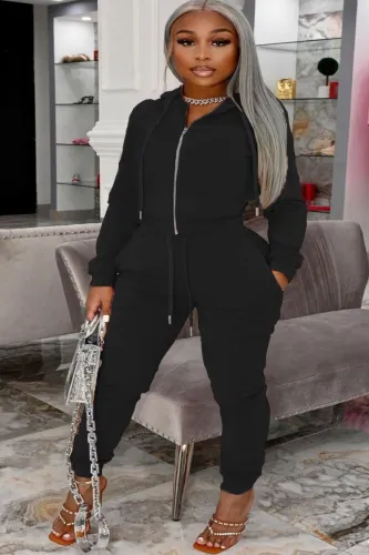 Plus Size Black Zipper Hoodies and Pants 2 Piece Tracksuit