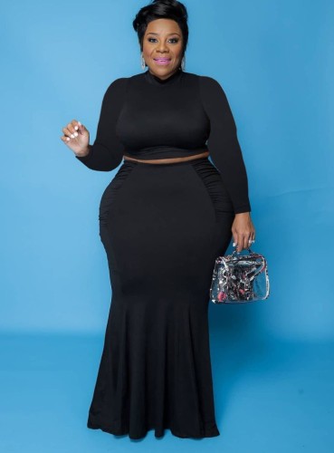 Plus Size Black Fitted Crop Top and Maxi Mermaid Skirt 2PCS Set